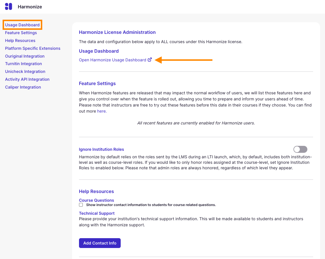 Screenshot of usage dashboard section with “Open Harmonize Usage Dashboard” highlighted.