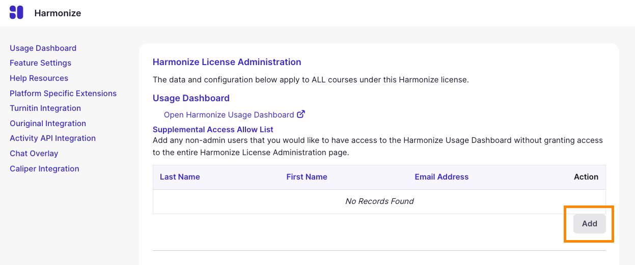 The Harmonize License Administration Page with the Supplemental Access Allow List "Add" button highlighted