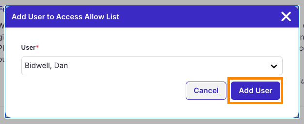 Add User to Access Allow List window with the "Add User" button highlighted