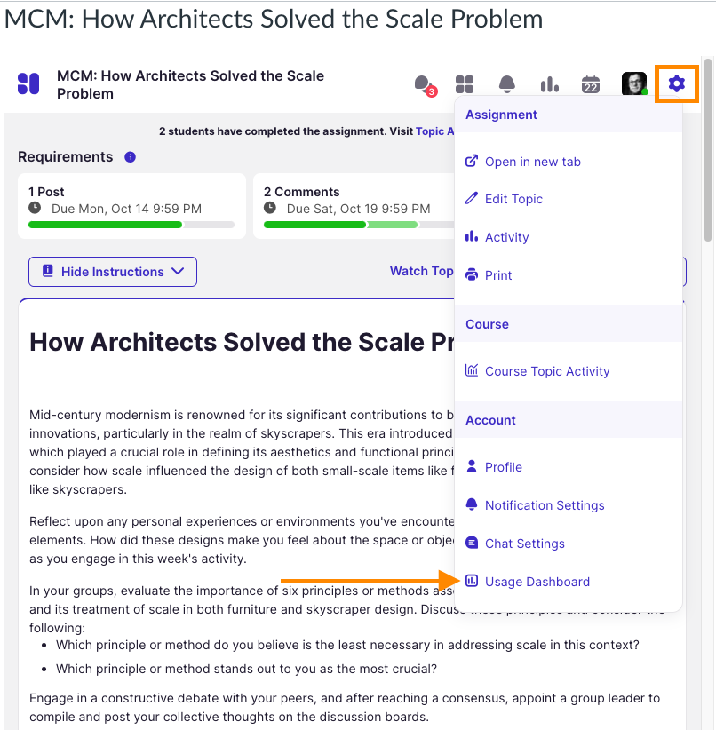 Harmonize discussion page with the gear icon highligted. An arrow is pointing to the Usage Dashboard link in a drop down menu.