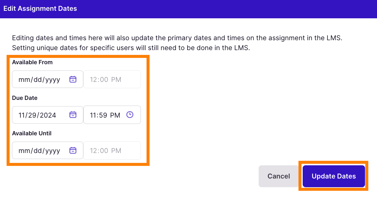 date fields plus update dates button