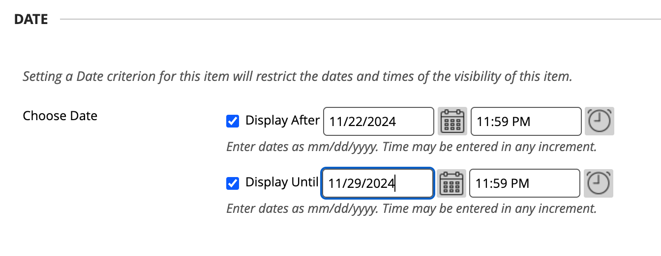 Display after and until fields