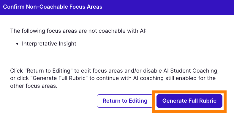 Pop-up to confirm non-coachable focus areas