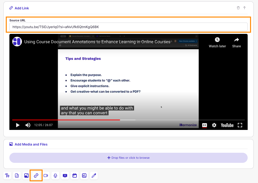 Harmonize "Add Link" functionality with Source URL field, example embedded video, and Add Link button highlighted