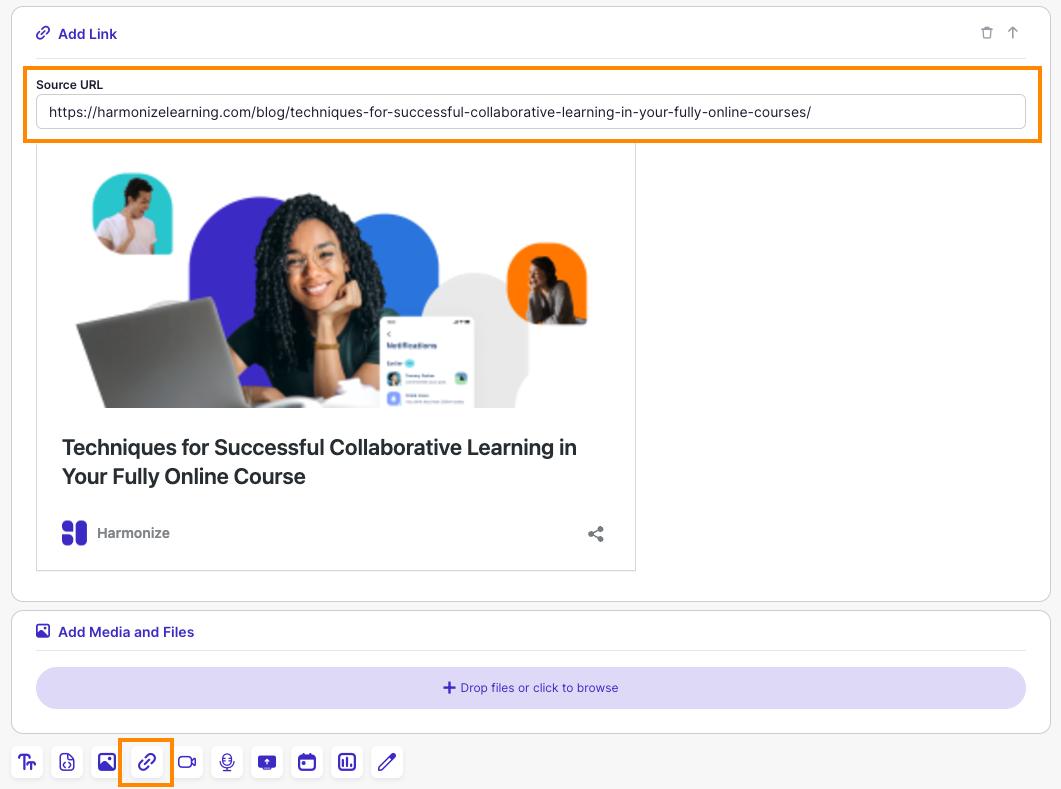 Harmonize "Add Link" functionality with Source URL field, preview example of a linked website, and Add Link button highlighted