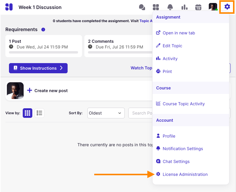 Discussion page with gear icon from the Harmonize navigation bar selected. License Administration is highlighted.