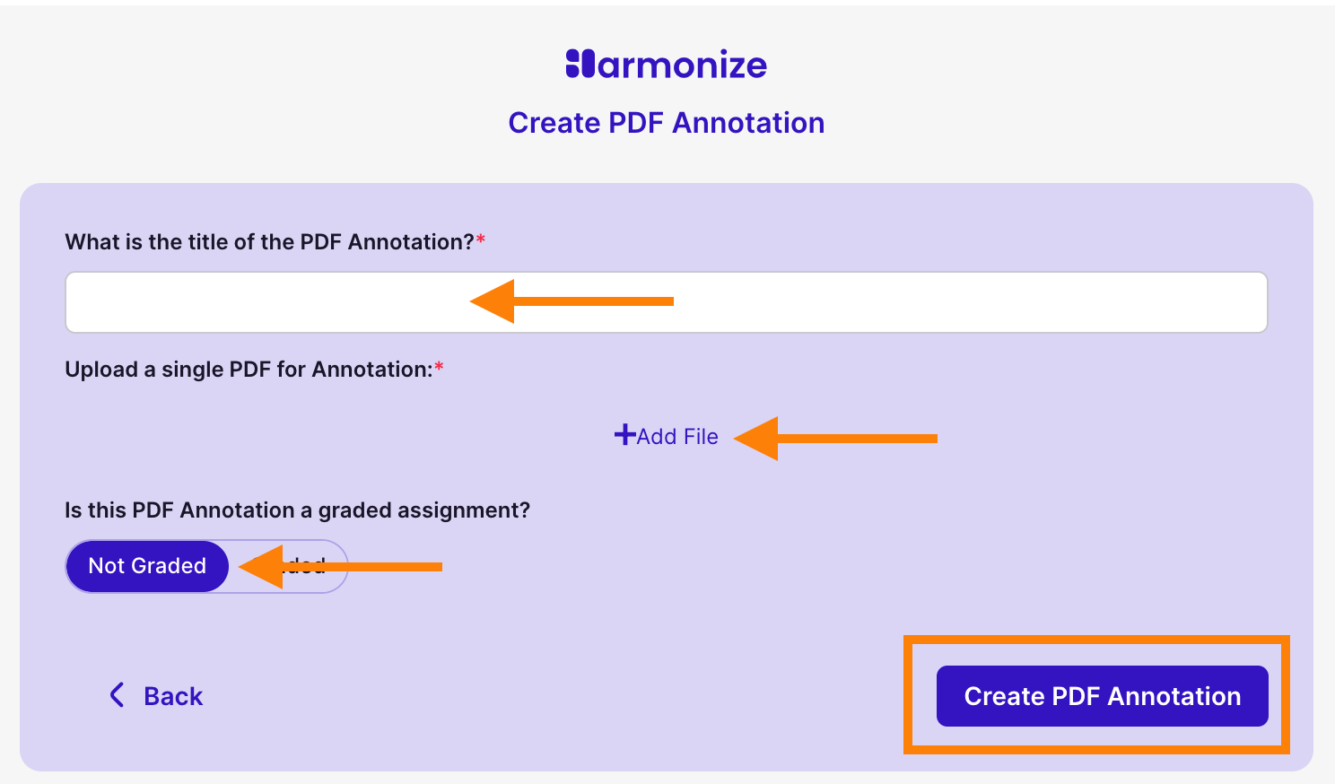 Ungraded PDF annotation setup screen