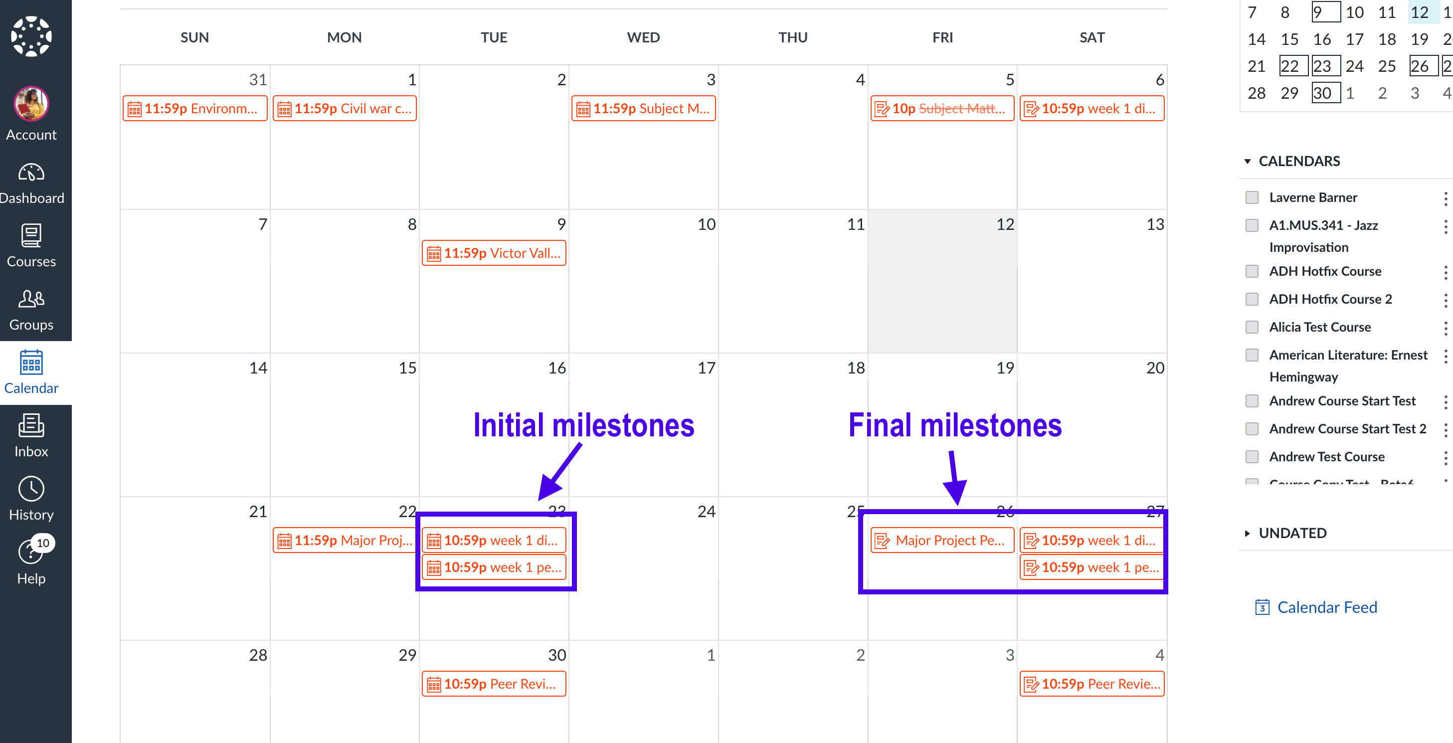 first and final milestones on the course calendar