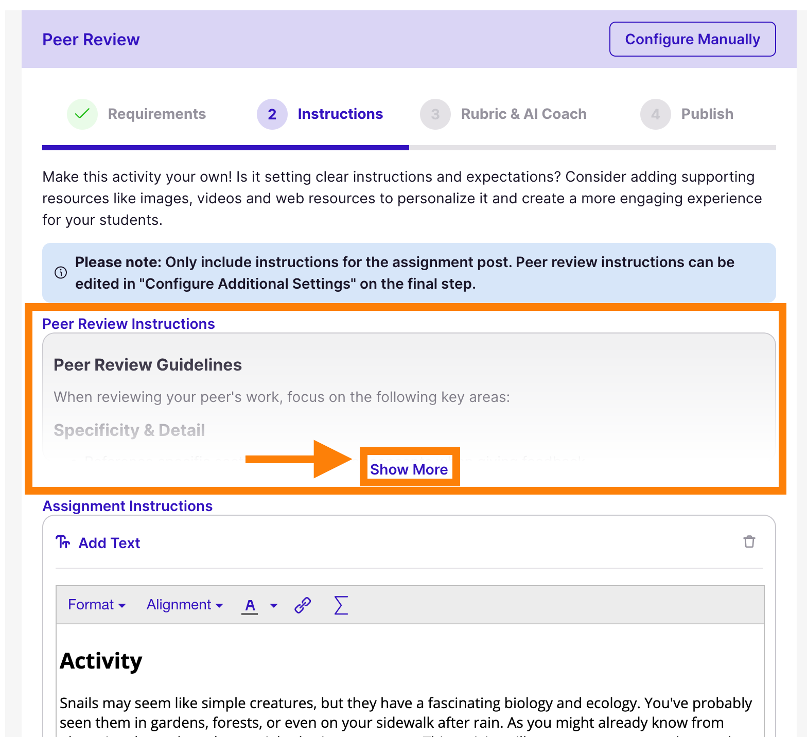 Show More button inside Peer Review Instructions section