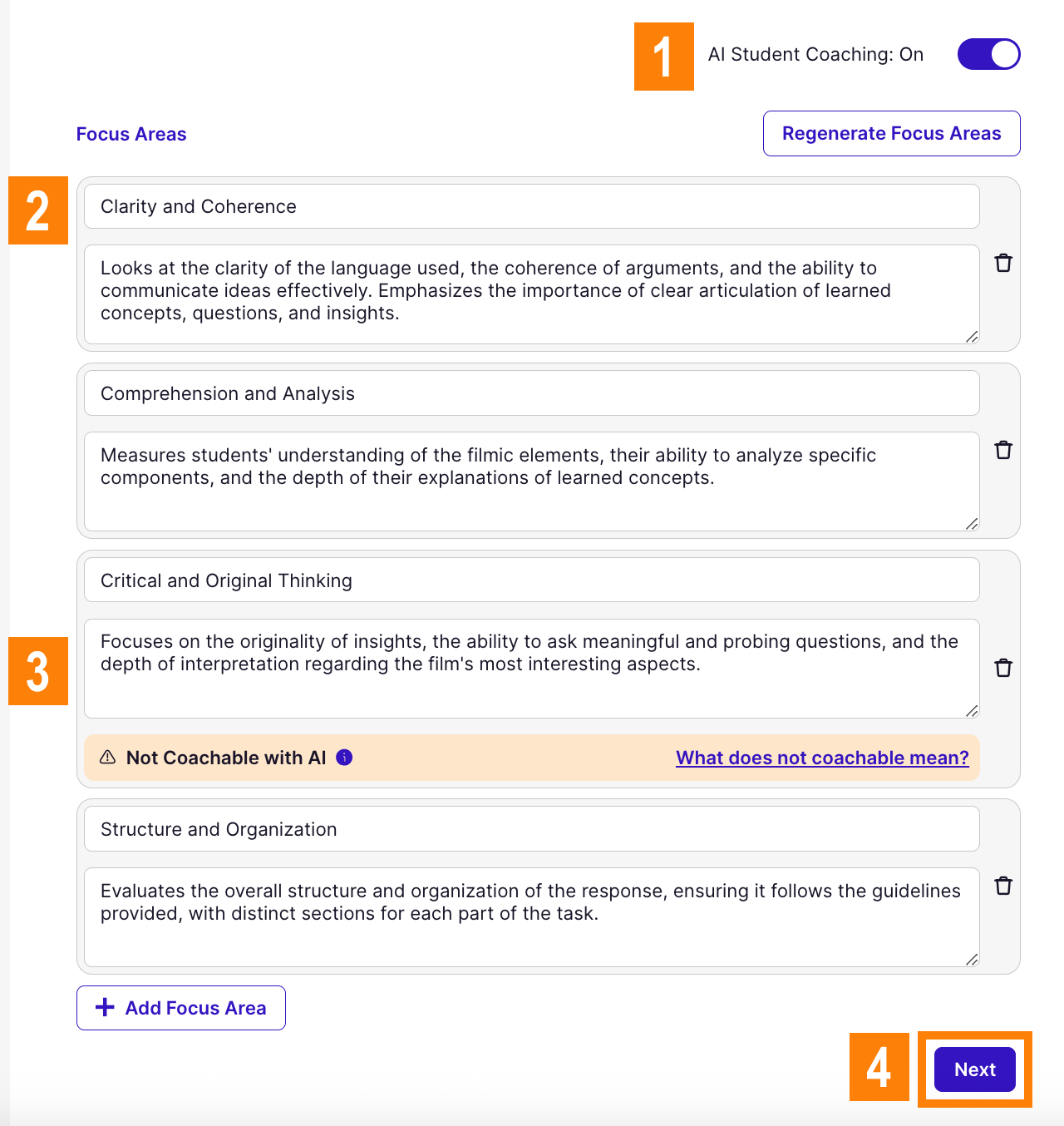 Focus areas editing screen