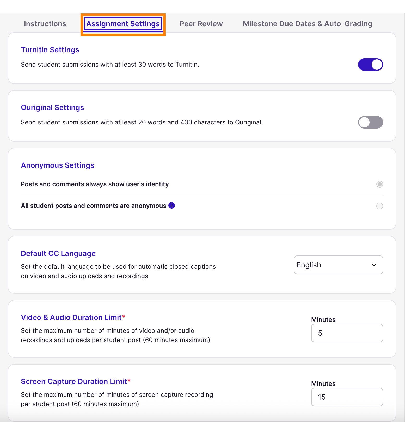 Assignment settings tab in editor