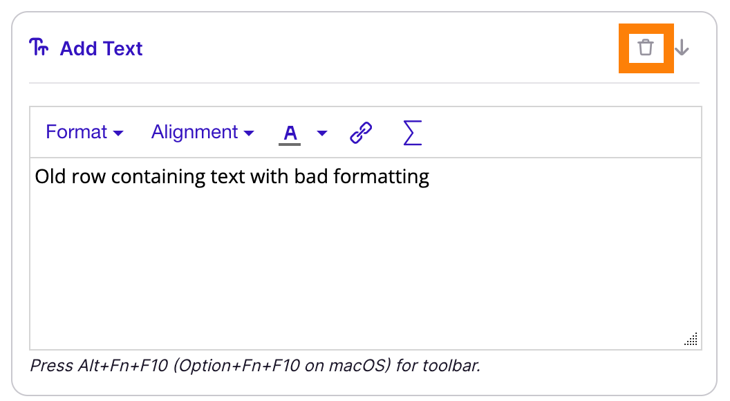 Trash icon to delete text row