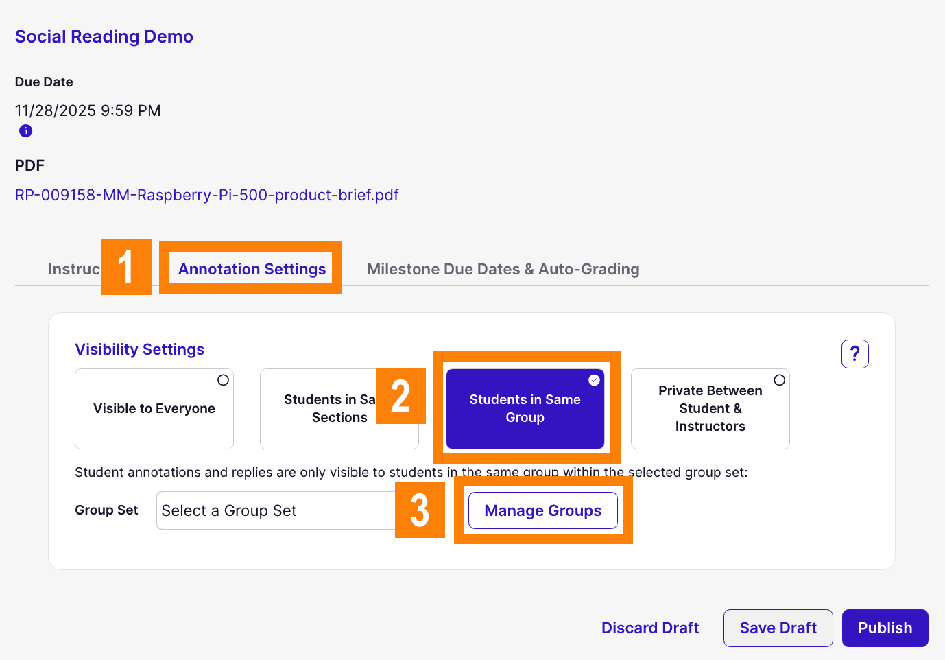 Annotation Settings: Students in Same Group: Manage Groups