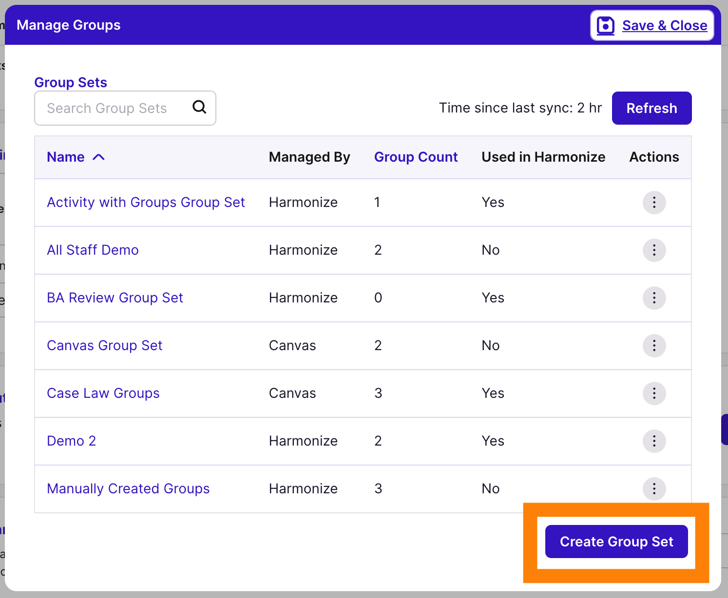 Manage Groups: Create Group Set