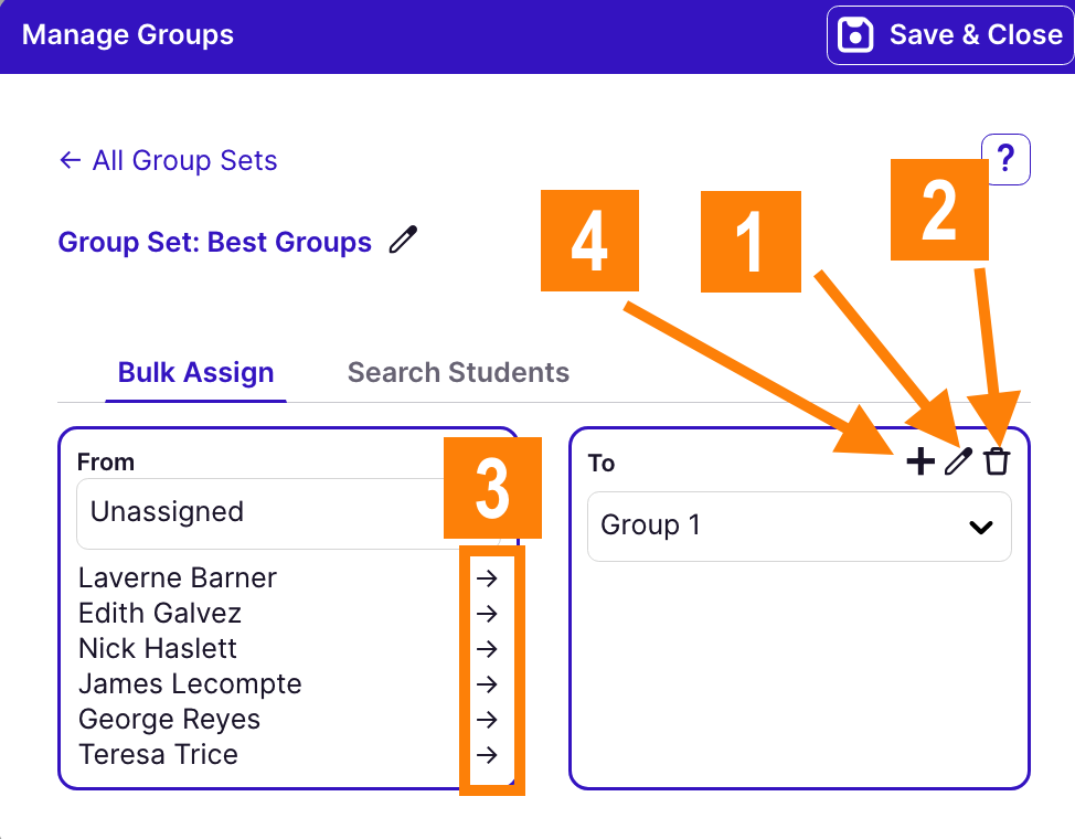 Group options: rename, delete, move student to group, add new group