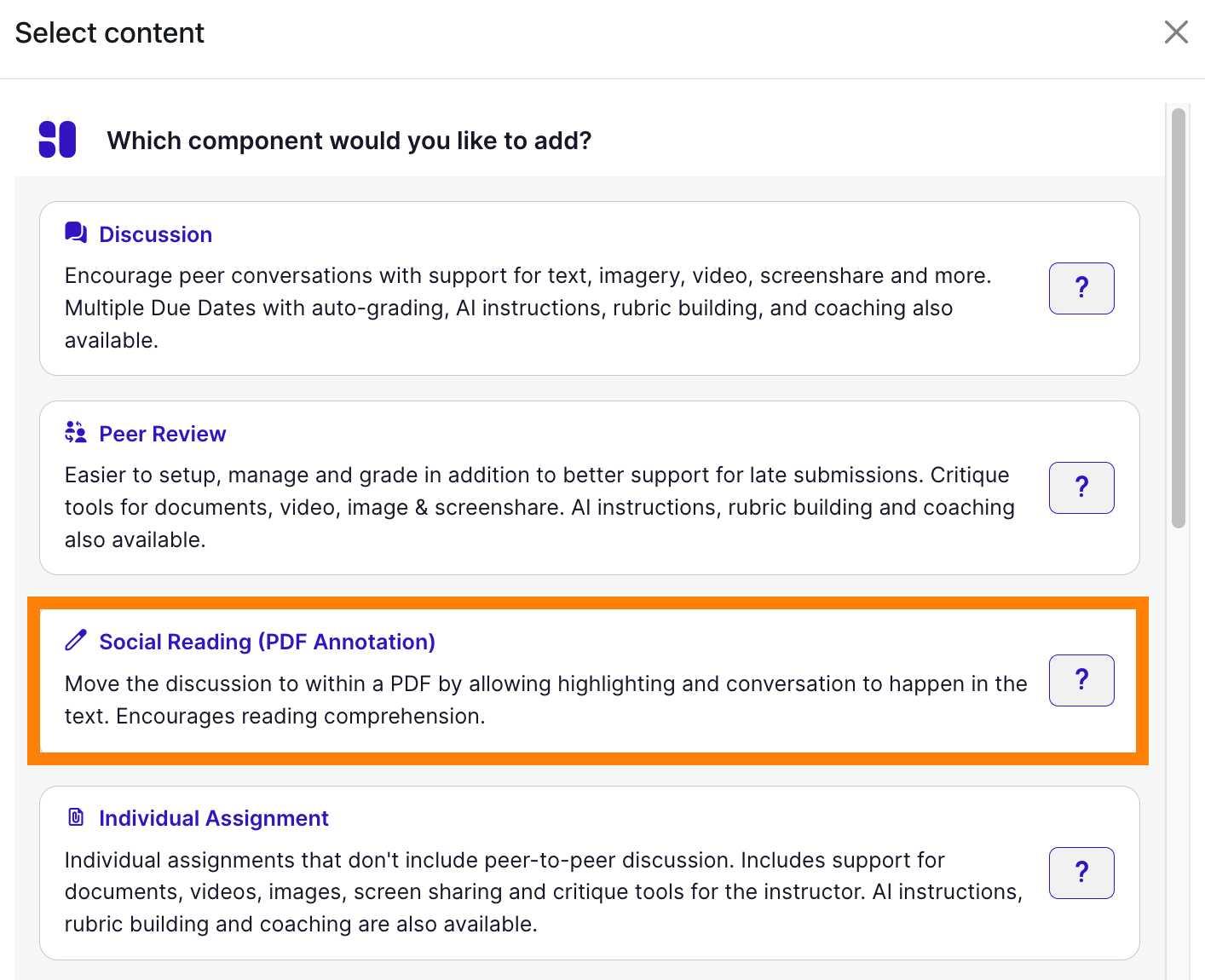 Component picker: Social Reading