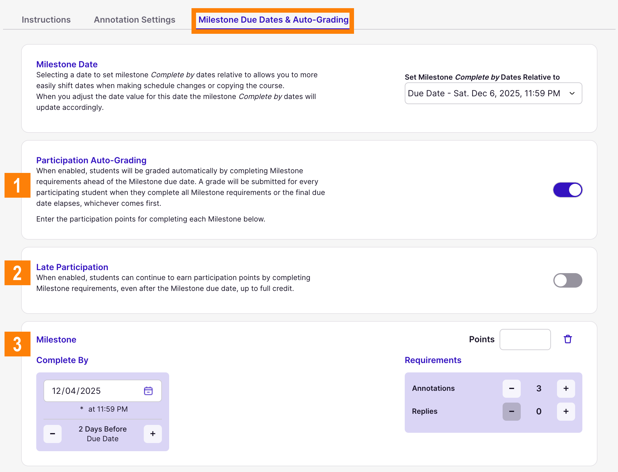 Milestone Due Dates & Auto-Grading tab