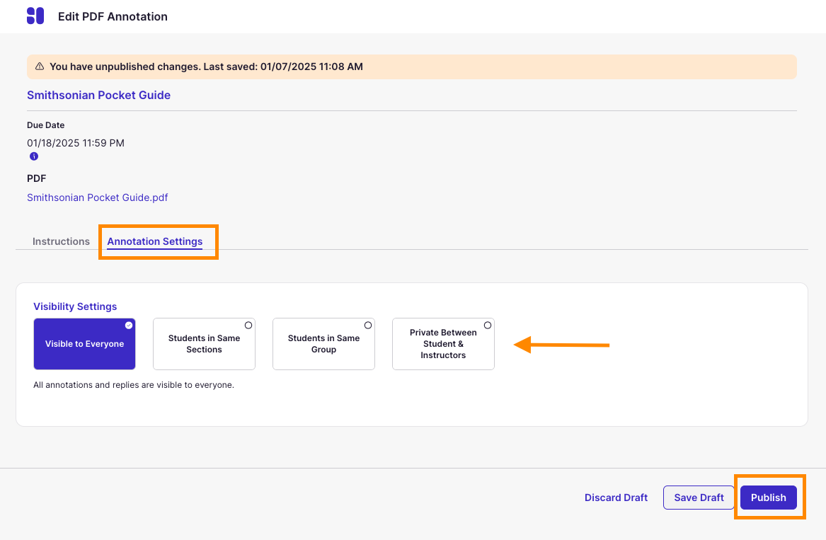 Edit PDF Annotation Window with Annotation Settings and Publish options highlighted