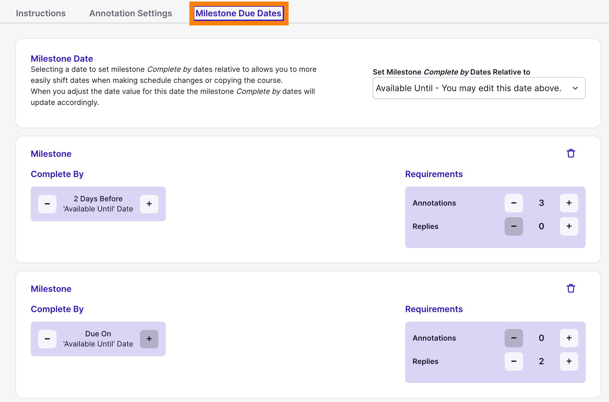 Milestone Due Dates tab
