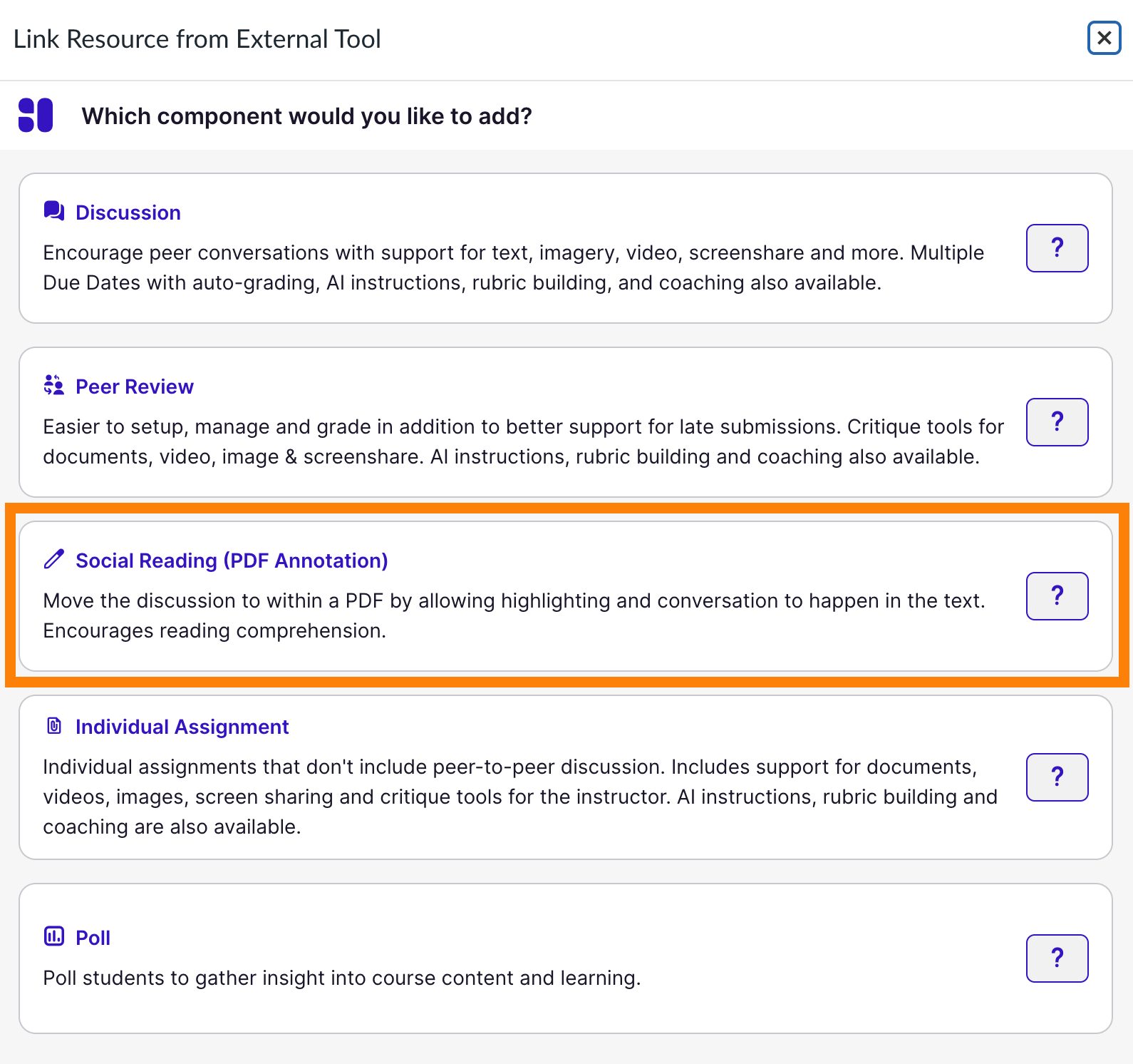 Component picker: Social reading