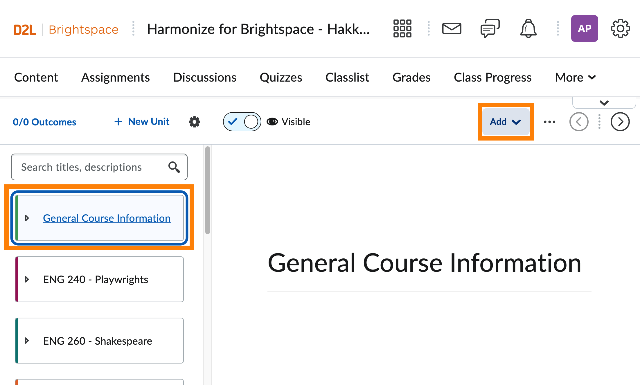 Module and Add button