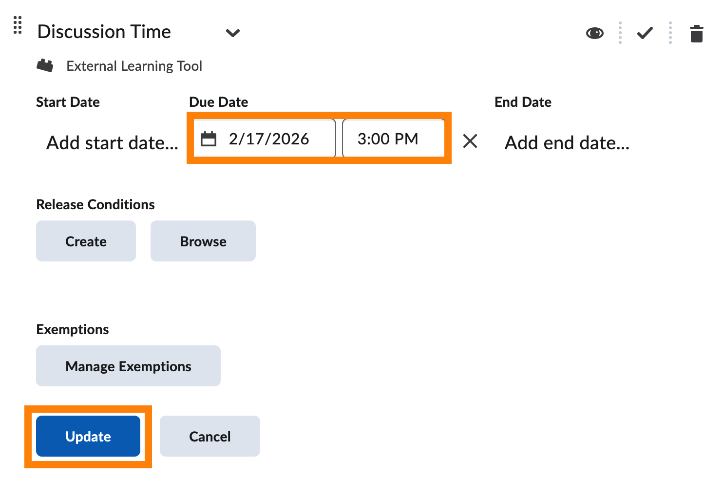 Due date field and update button