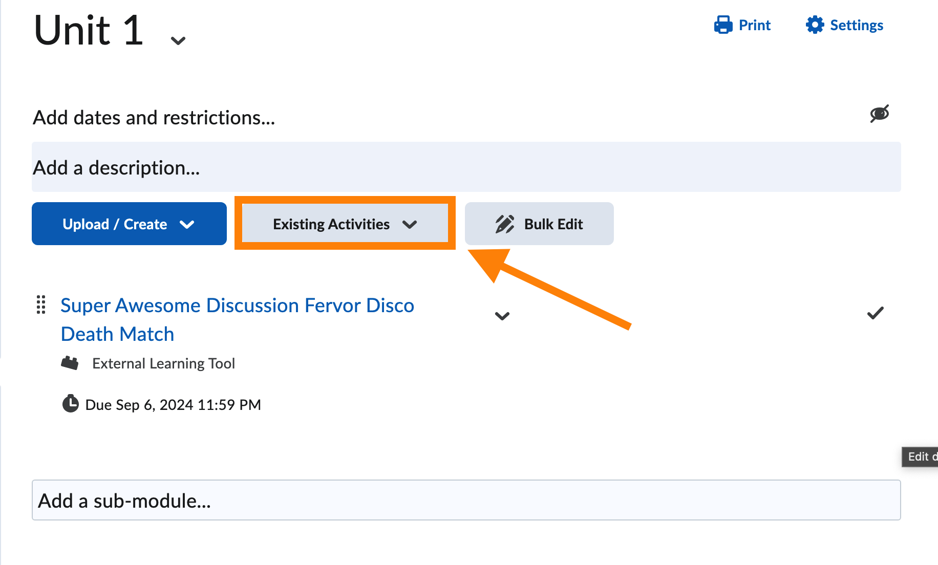 Existing Activities button