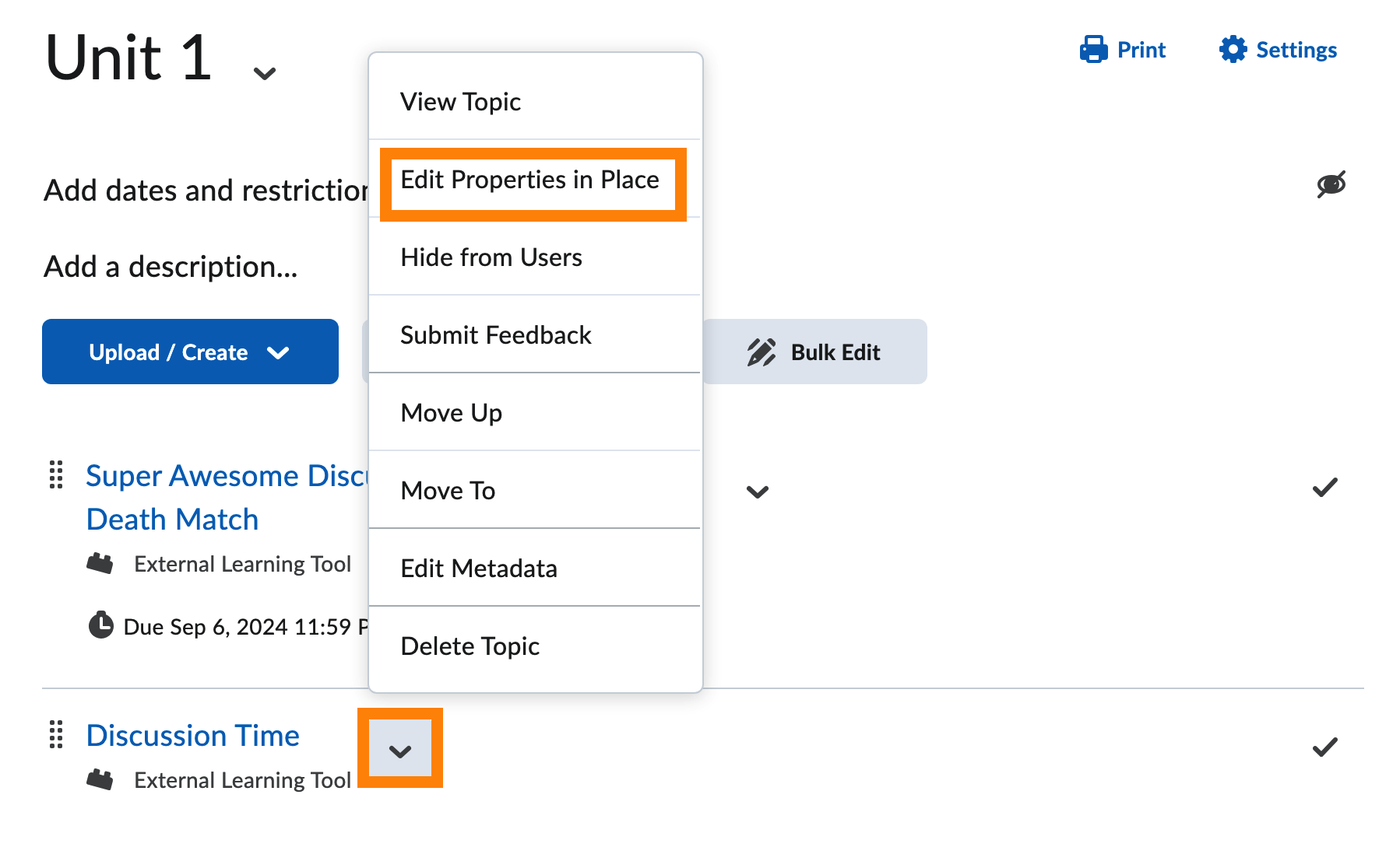Down arrow: Edit Properties in Place