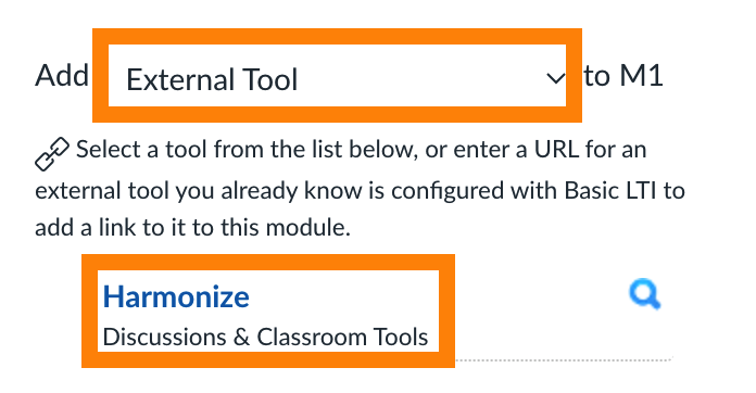 External Tool in dropdown menu: Harmonize button