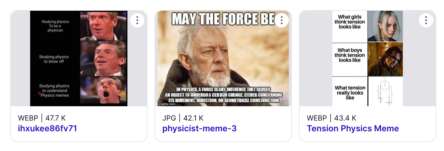 Physics memes laid out side-by-side
