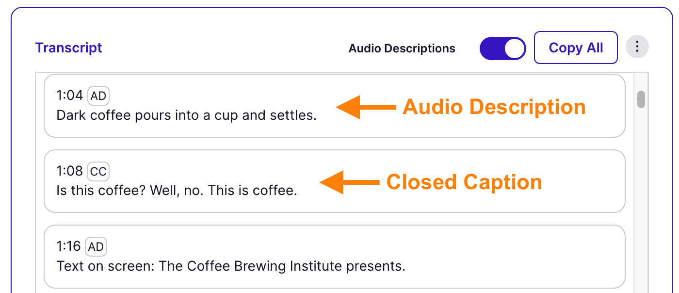 transcript with audio descriptions and closed captions