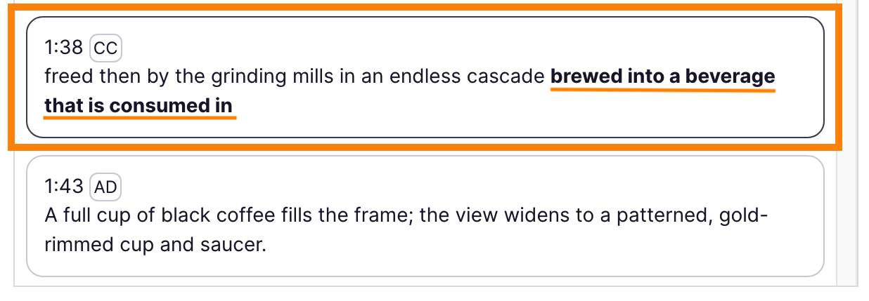 Transcript viewer showing dark box and bolded text