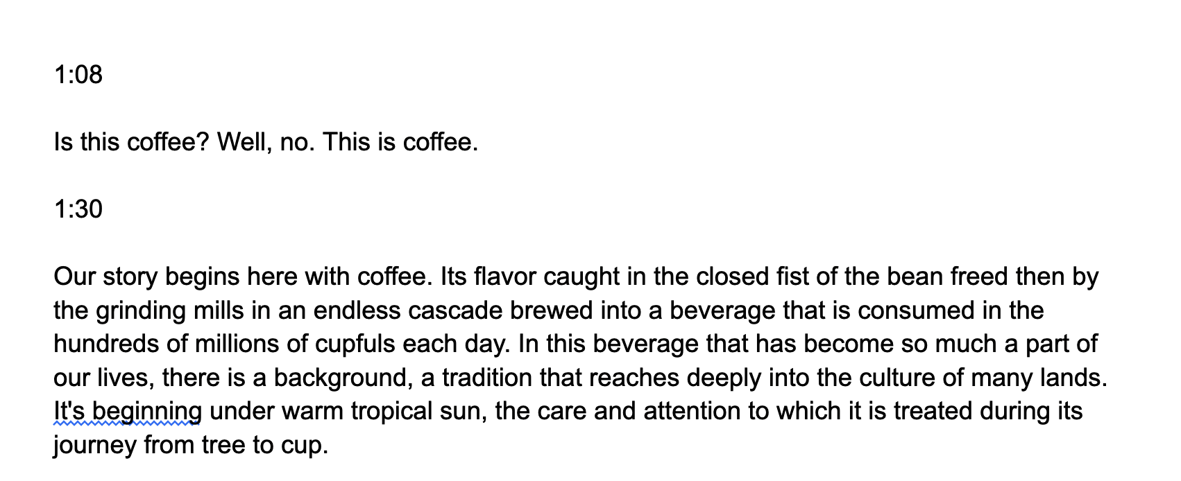 Transcript view of just captions copy and pasted without formatting