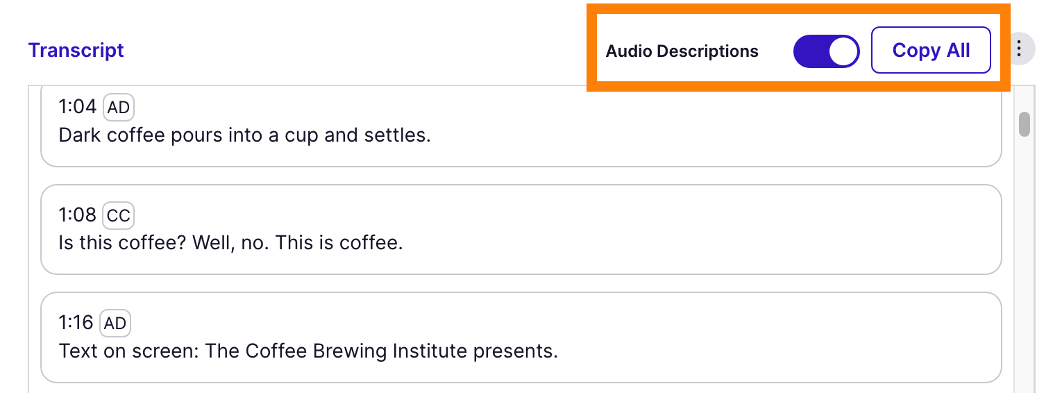 Audio descriptions toggled on for transcript copy
