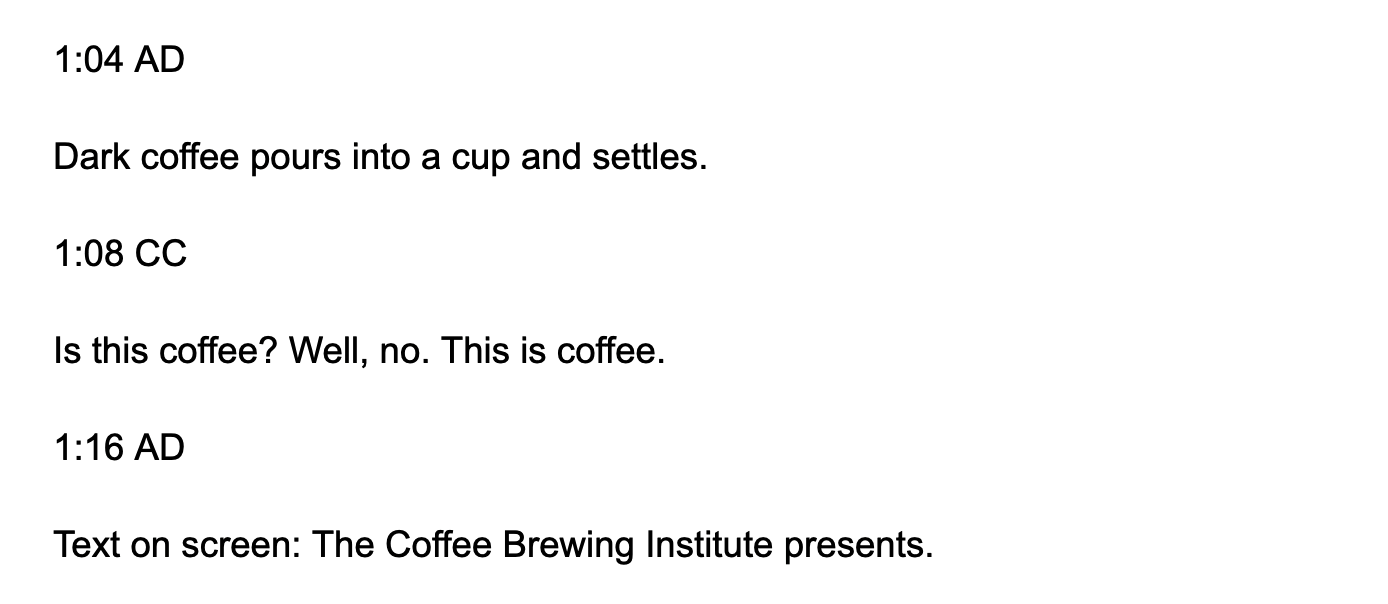 Transcript view of captions and audio description copy and pasted without formatting