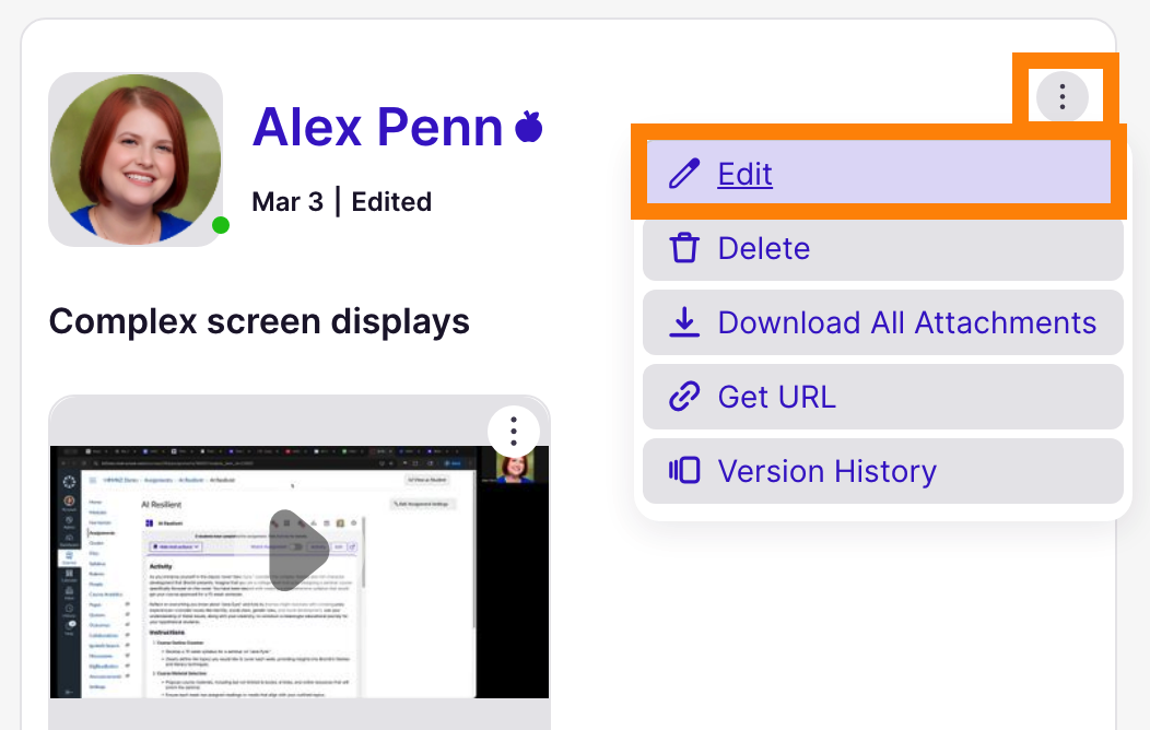Kebab menu and edit button on post