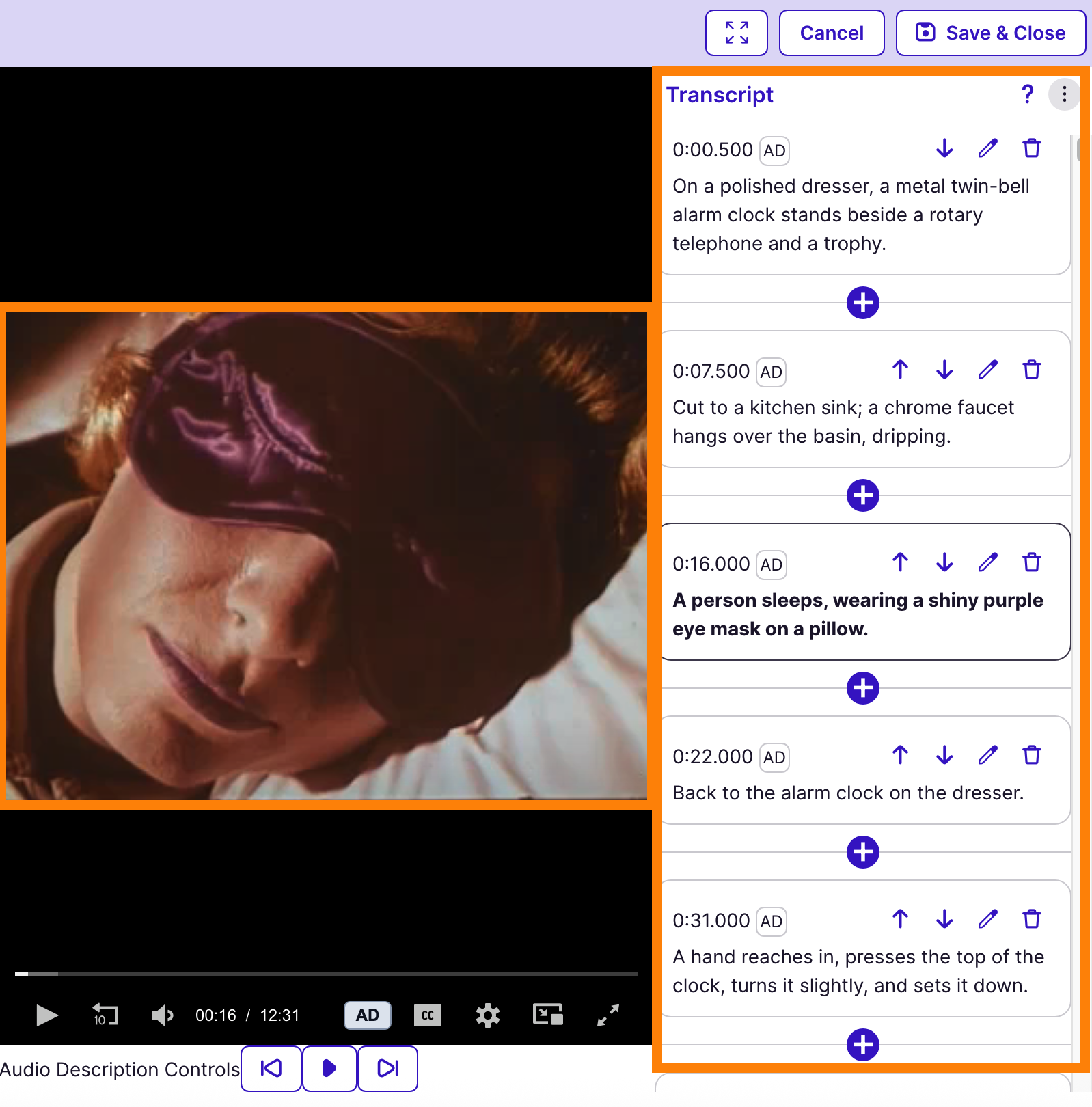Media and transcript editor side-by-side.