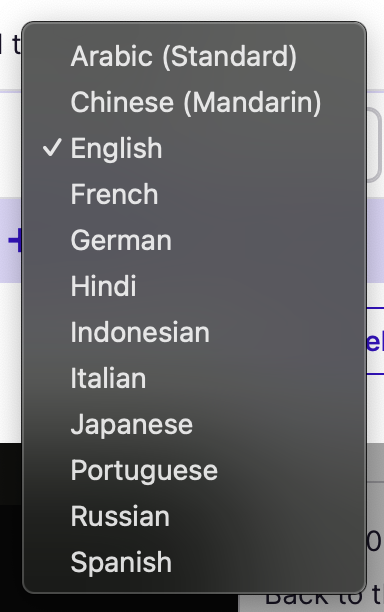 Language list for captions