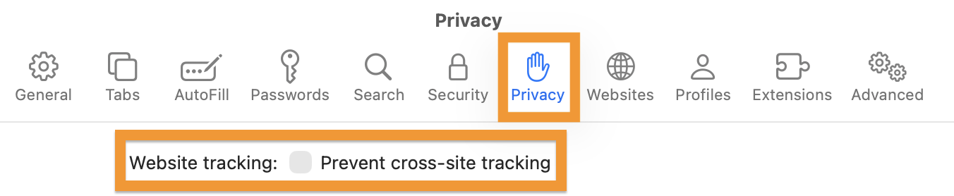Privacy button: prevent cross-site tracking unchecked