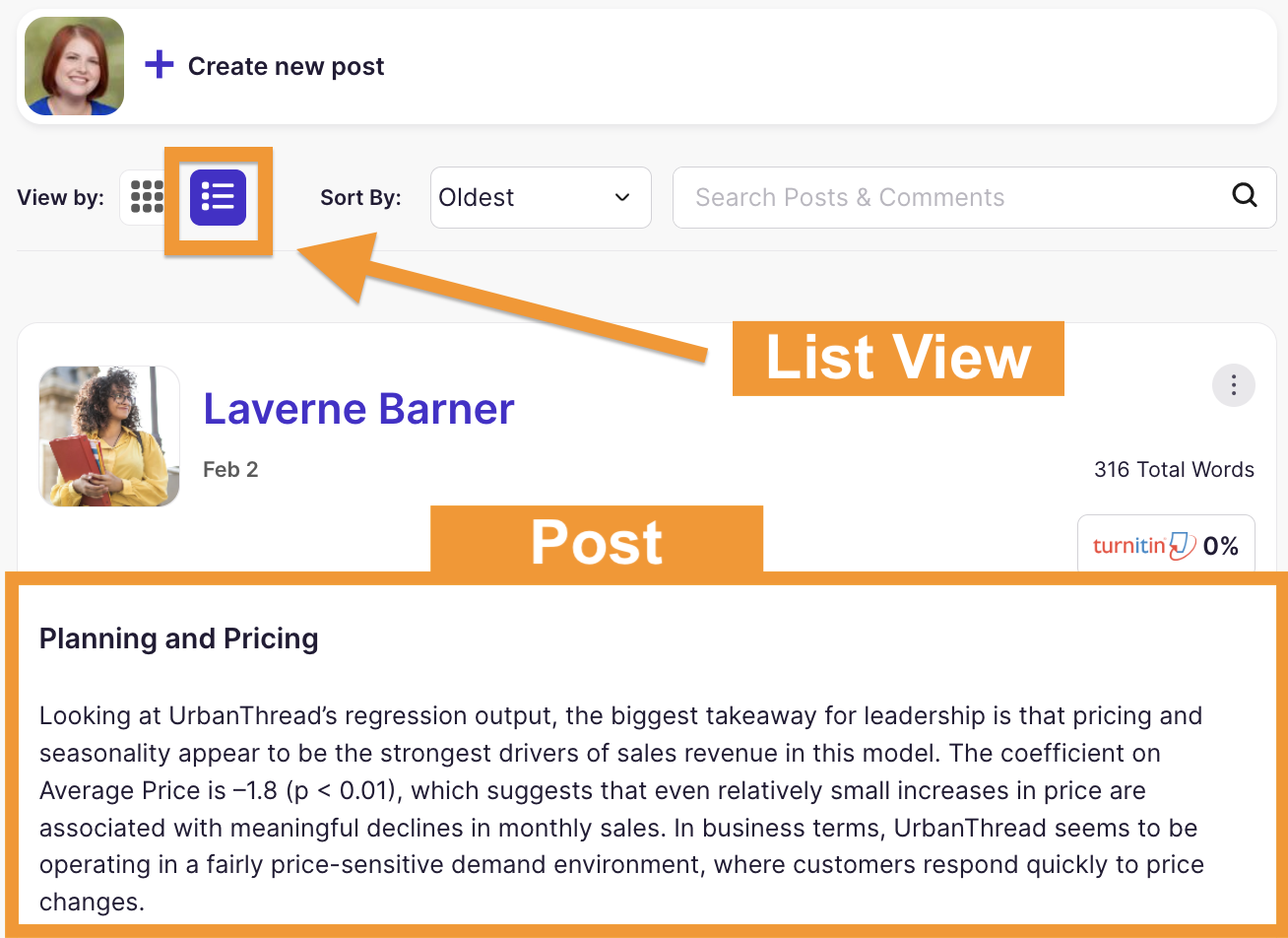 List view with post showing
