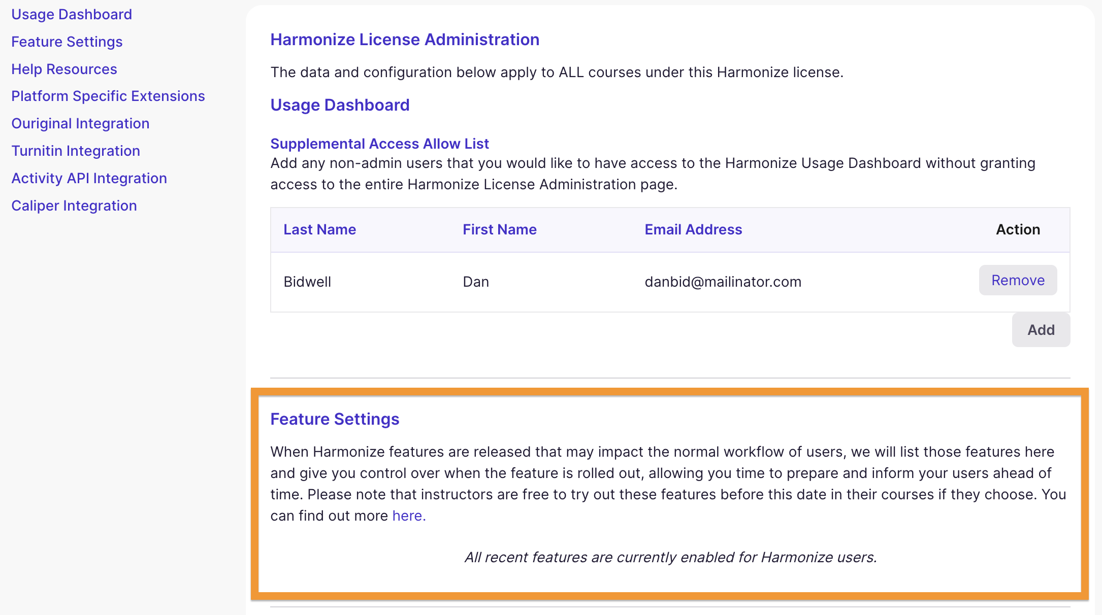 Feature Settings Section