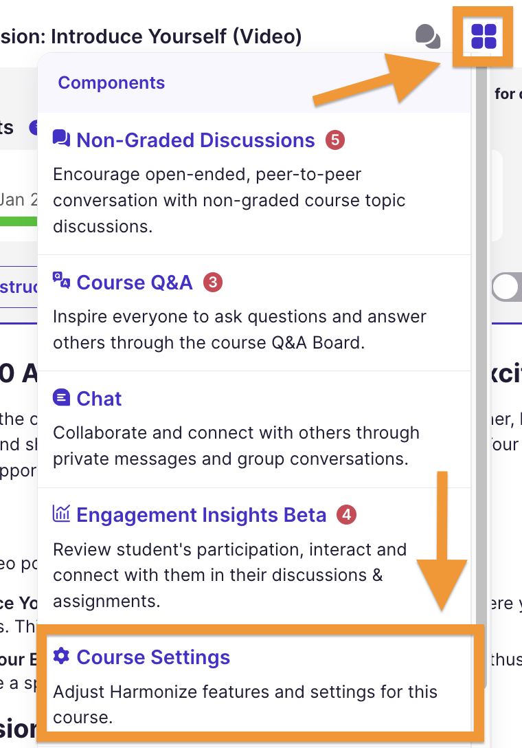 Components menu: Course Settings