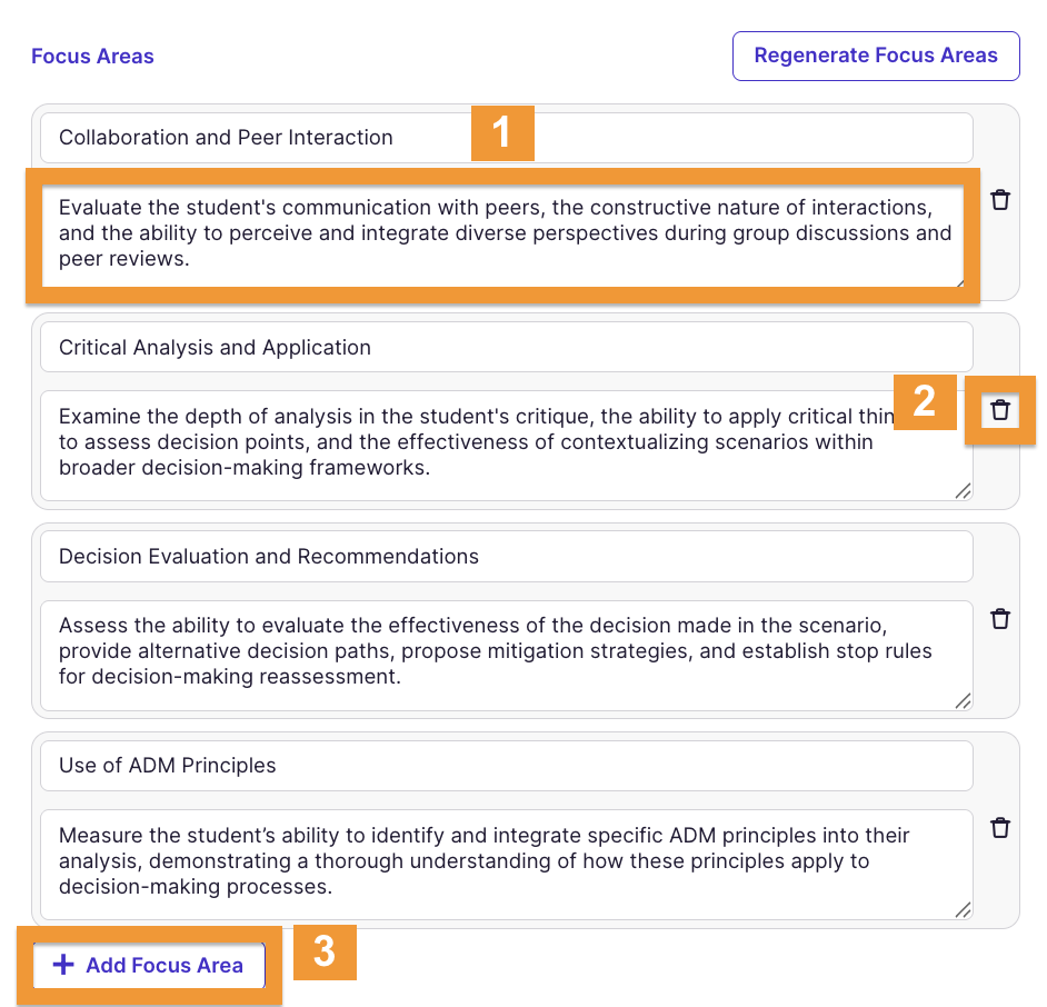 Focus Area editing screen
