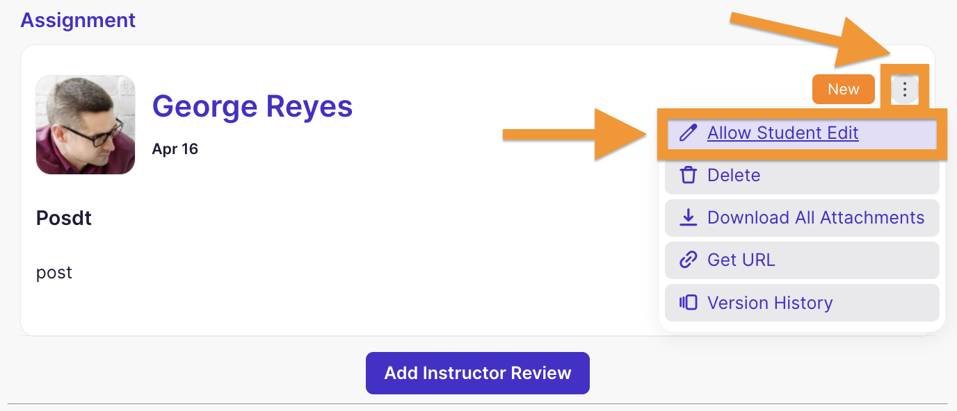 Allow students to edit button under post options