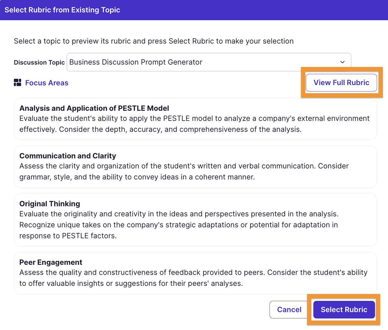 View Full Rubric button and Select Rubric button