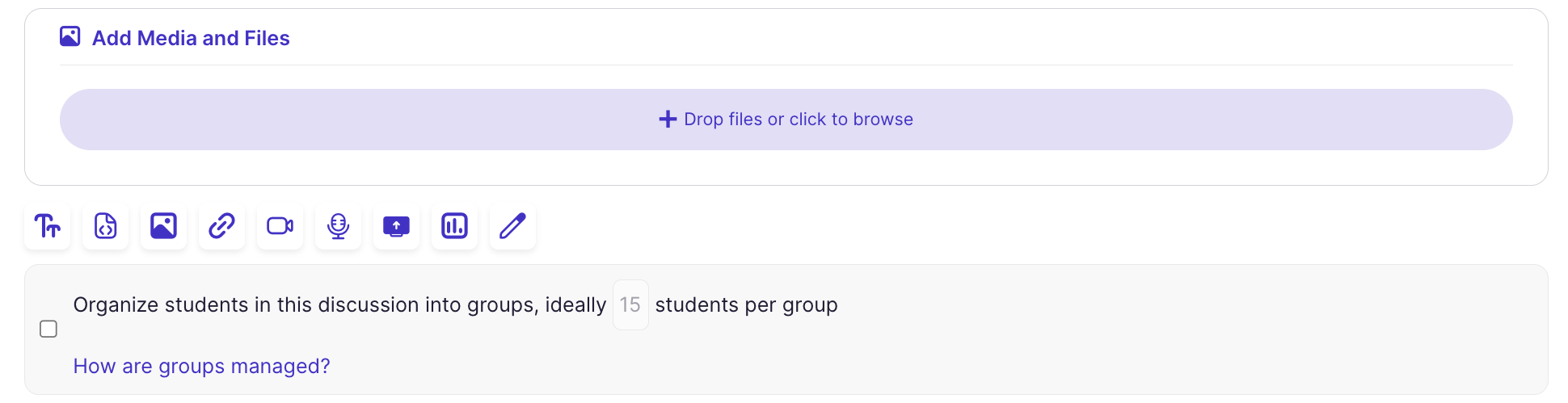 Add Media and Files, Content Creation Row, Groups option