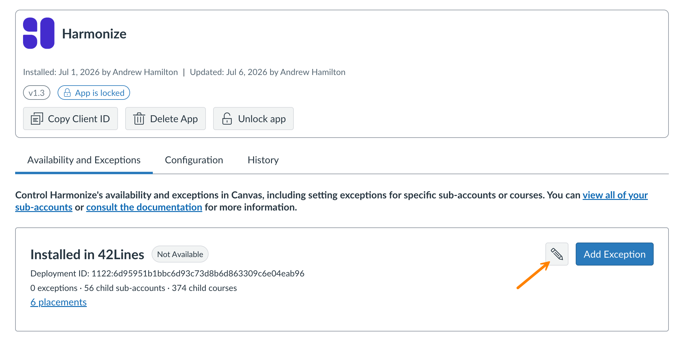 Harmonize app listing in Canvas showing the root account availability and an arrow pointing to the button with a pencil icon for editing