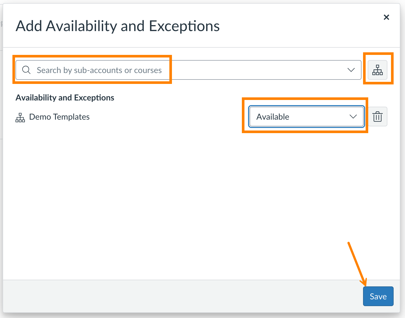 Add Availability and Exceptions dialog in Canvas with the search field, tree button and availability drop down highlighted and an arrow pointing to the Save button