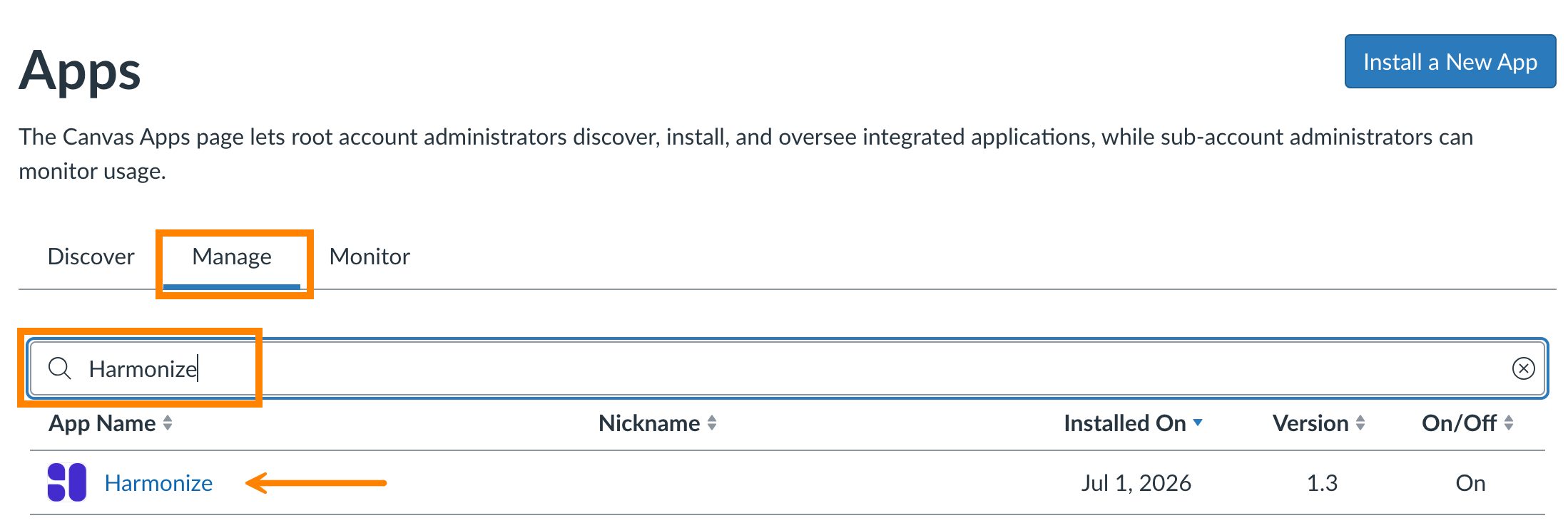 Canvas Apps page with the Manage tab selected, Harmonize typed in the search field and Harmonize app listing showing in the results