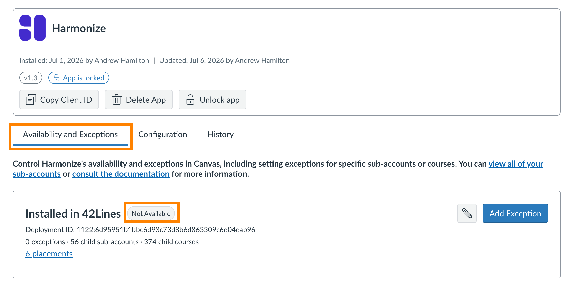 Harmonize app listing in Canvas with the Availability and Exceptions tab selected and the root account in Canvas showing the app is currently not available